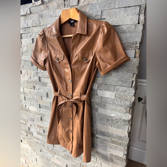 PAIGE Tan Camel Faux Leather Belted Button Down Short Sleeve Dress 2 - Picture 12 of 14